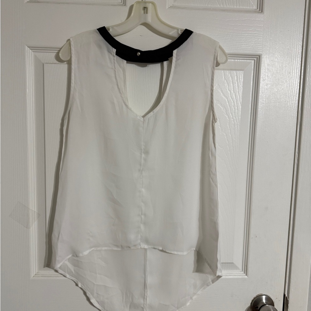 White and Black Asymmetrical Blouse with Bib Collar